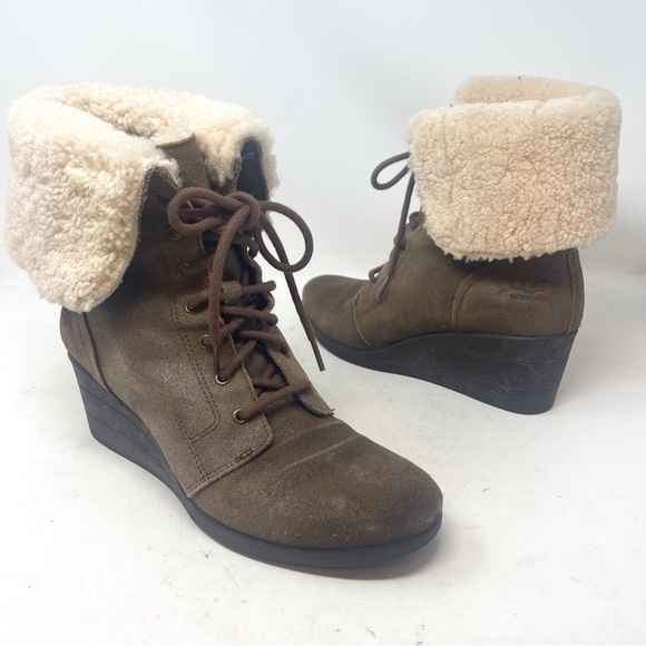 UGG Women’s Zea Brown Wedge Ankle Shearling waterproof Boots Size 19 - Picture 2 of 9
